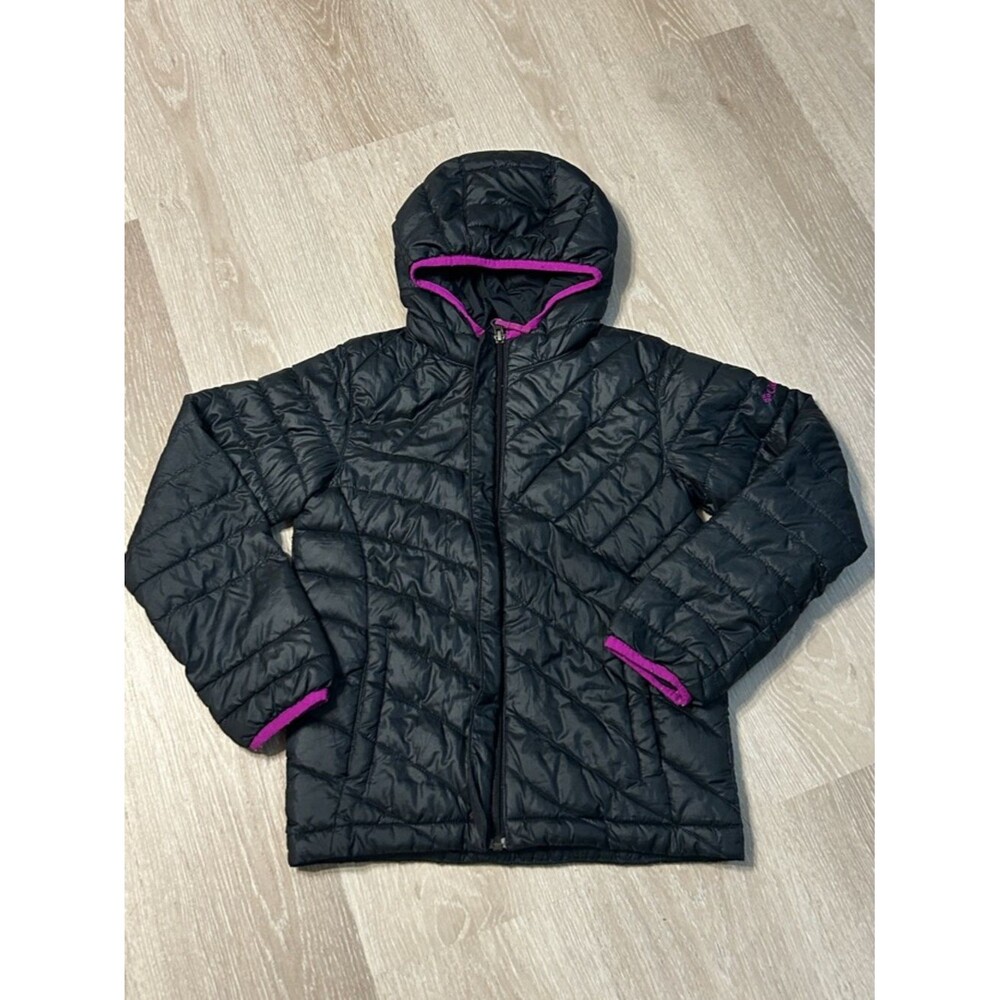 Columbia Girls Black Powder Lite Hooded Puffer Jacket with Pink Trim Sz Small